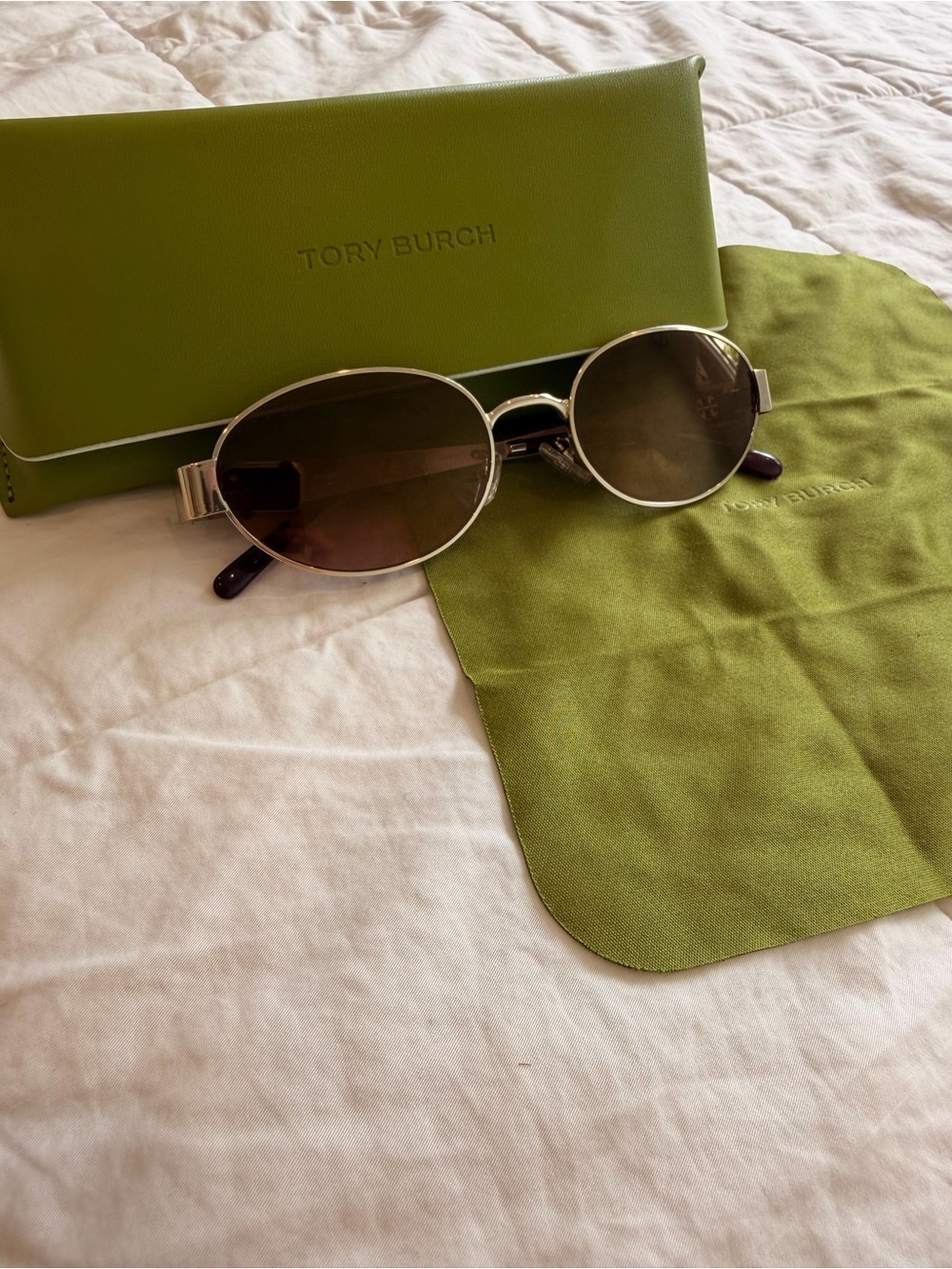 Tory Burch Silver Oval Sunglasses with Purple-Brown Lenses